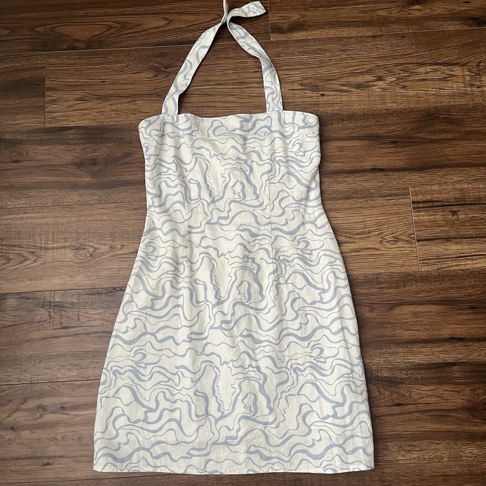 Abercombie & Fitch White Linen Halter Dress XS Retro Inspired Abstract Pattern‎